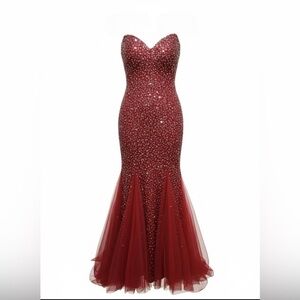 Strapless Red Beaded Mermaid Gown plus size formal dress